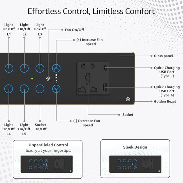 HomeMate Smart Touch Switch Panel 6 Switch 1 Fan and 1 Socket - Image 2